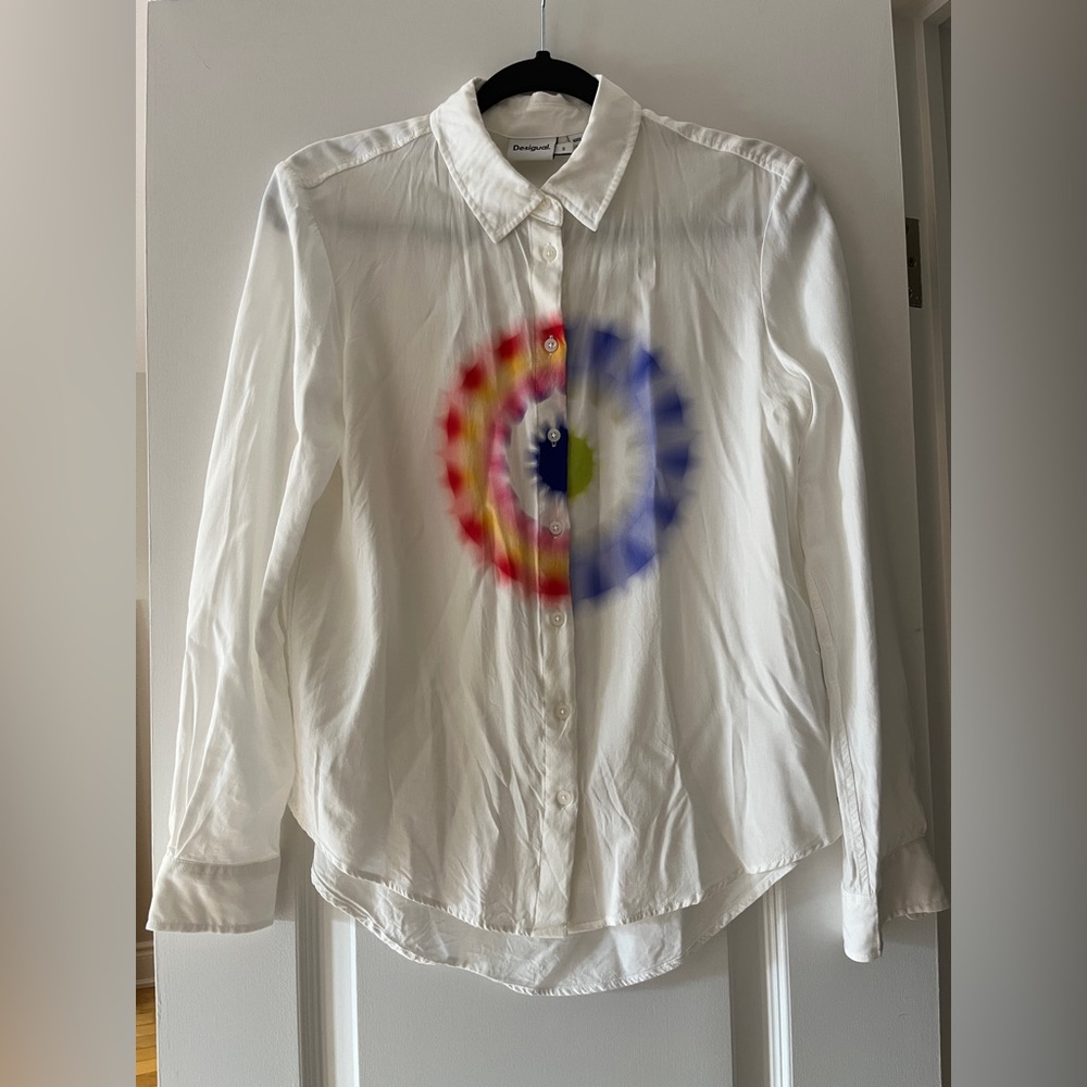 Desigual White Button-Up Shirt with Colorful Design Small - Picture 5 of 9